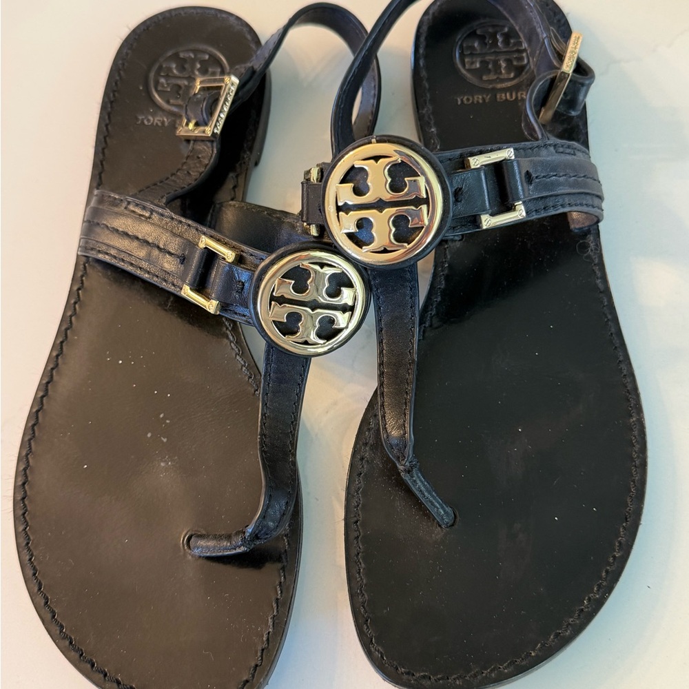 Tory Burch Black Leather Logo Thong Sandals with Gold Accents
